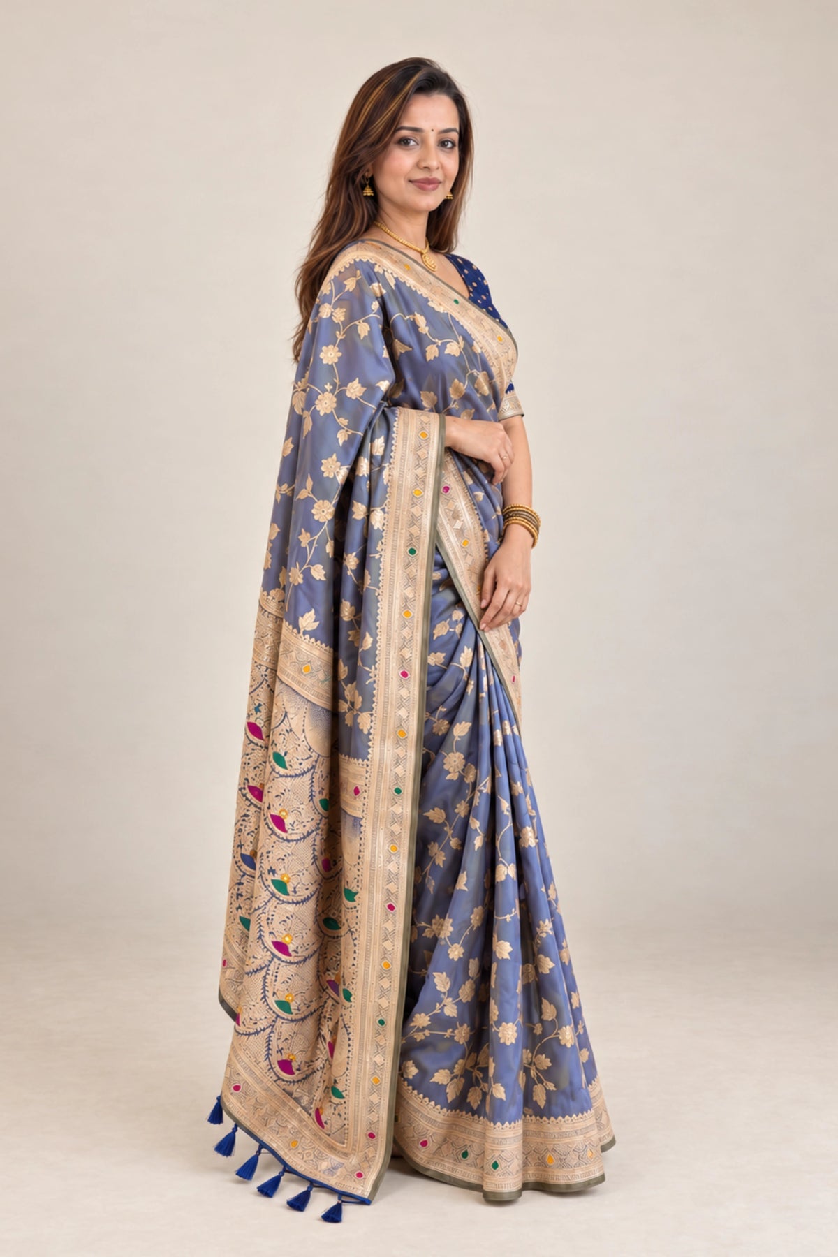 Steel Blue Meenakari Floral Woven Saree