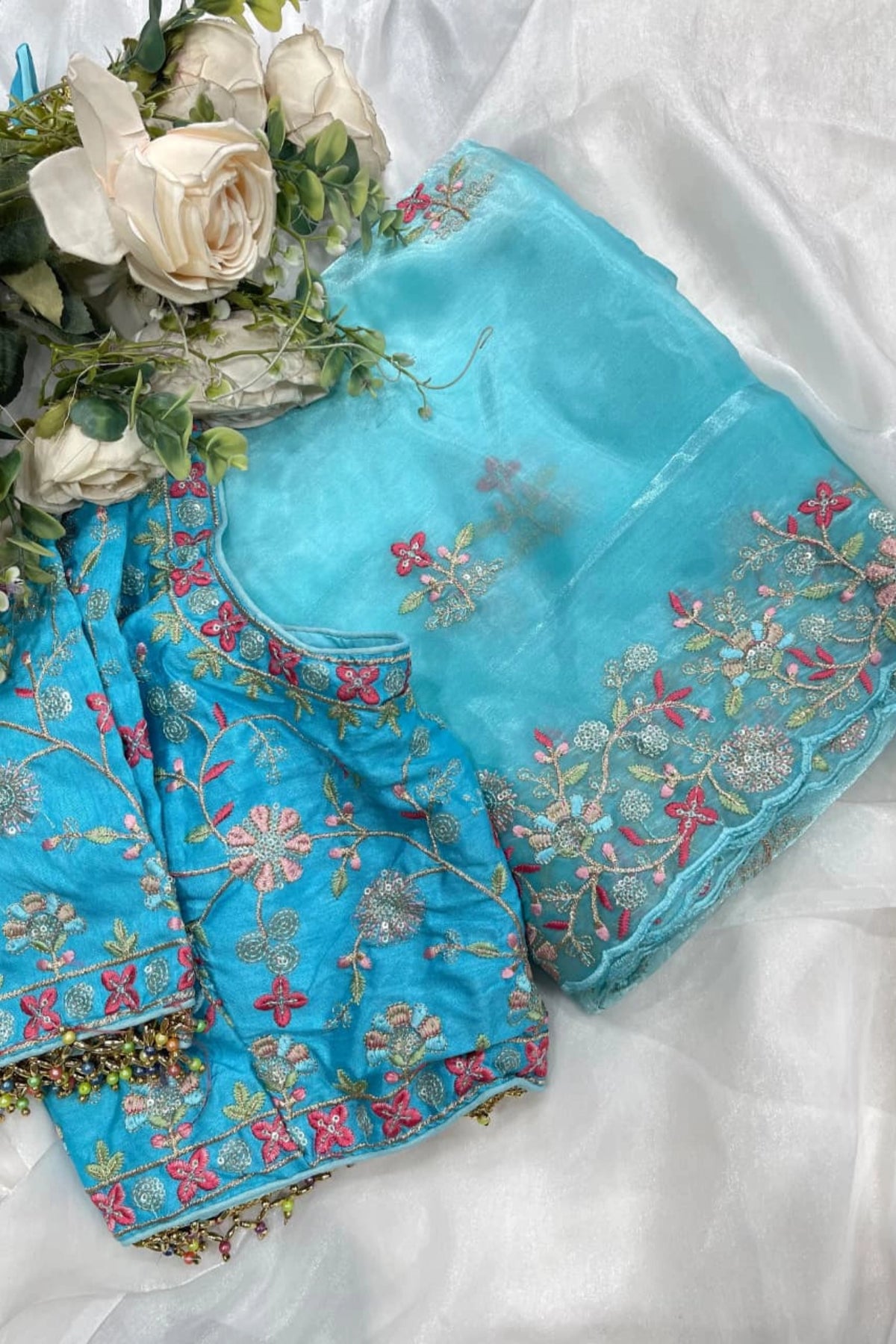 Aqua Blue Organza Saree with Floral Embroidery