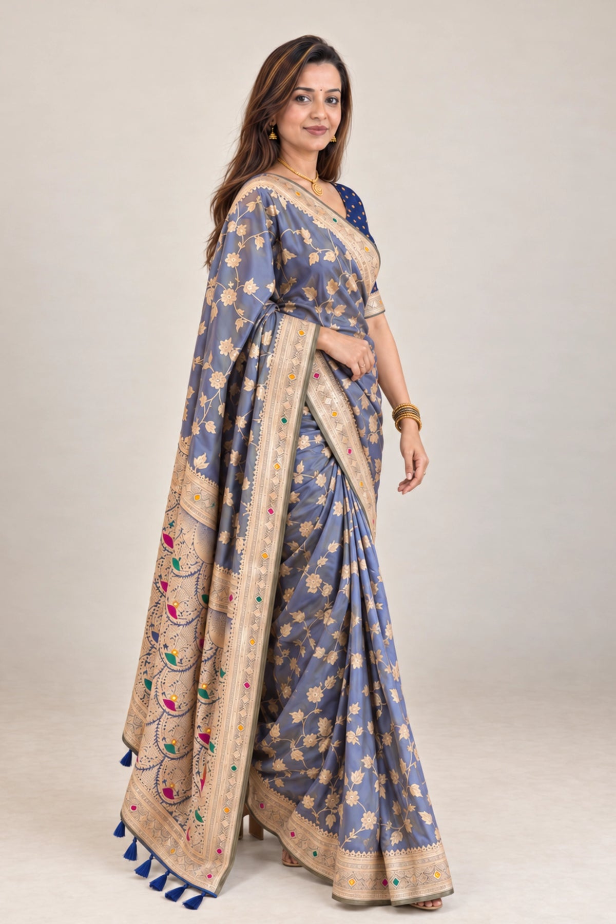 Steel Blue Meenakari Floral Woven Saree