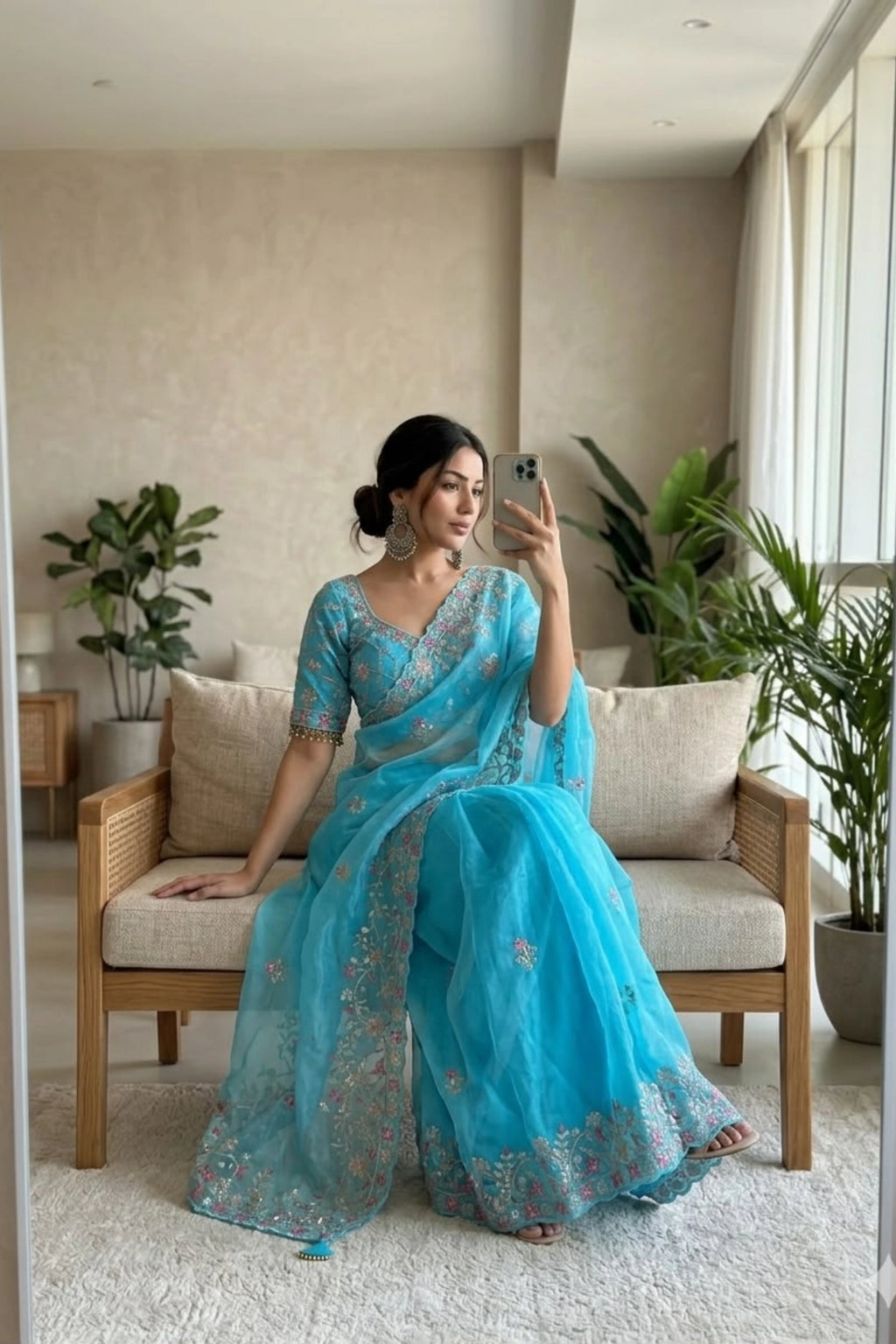 Aqua Blue Organza Saree with Floral Embroidery
