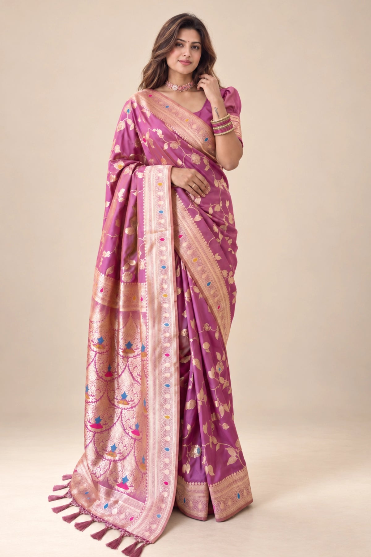 Mauve Pink Meenakari Floral Woven Saree