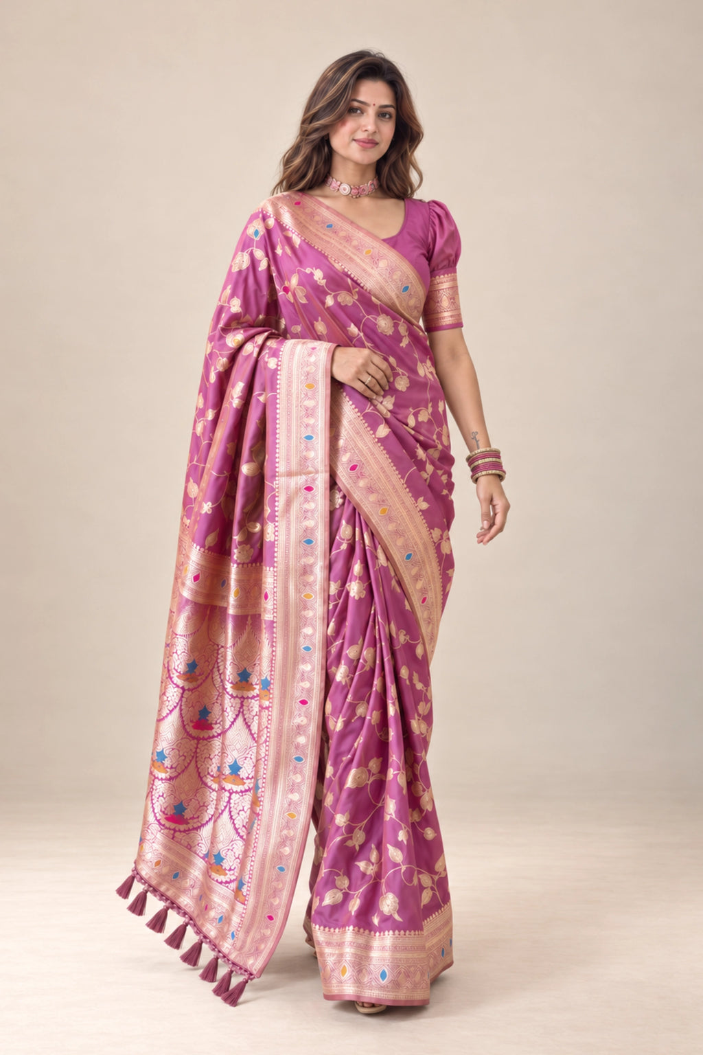 Mauve Pink Meenakari Floral Woven Saree
