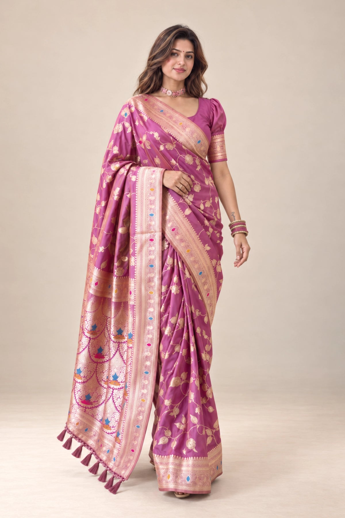 Mauve Pink Meenakari Floral Woven Saree