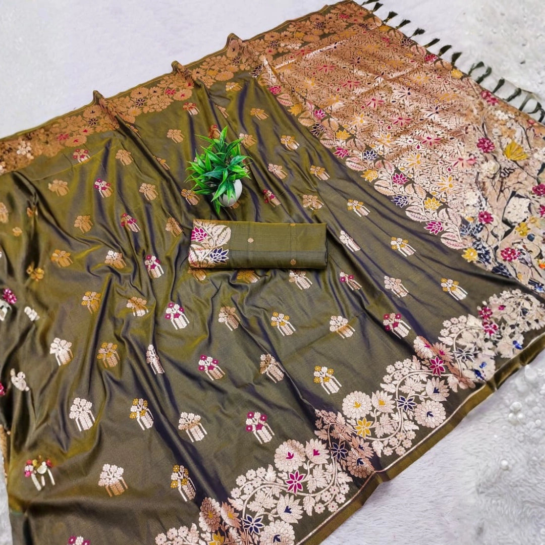 Olive Green Dola Silk-Style Saree with Floral Zari Pallu