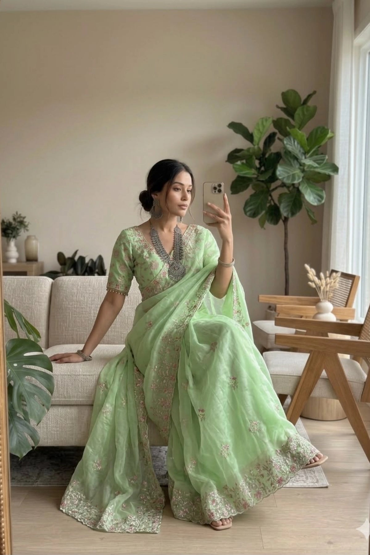 Mint Green Organza Saree with Floral Embroidery