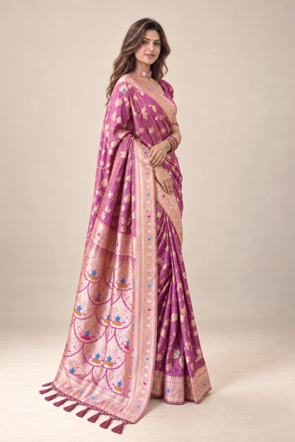 Mauve Pink Meenakari Floral Woven Saree