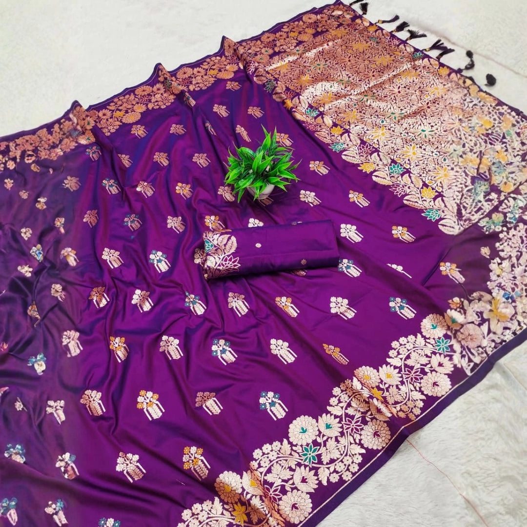 Royal Purple Dola Silk-Style Saree with Floral Zari Pallu
