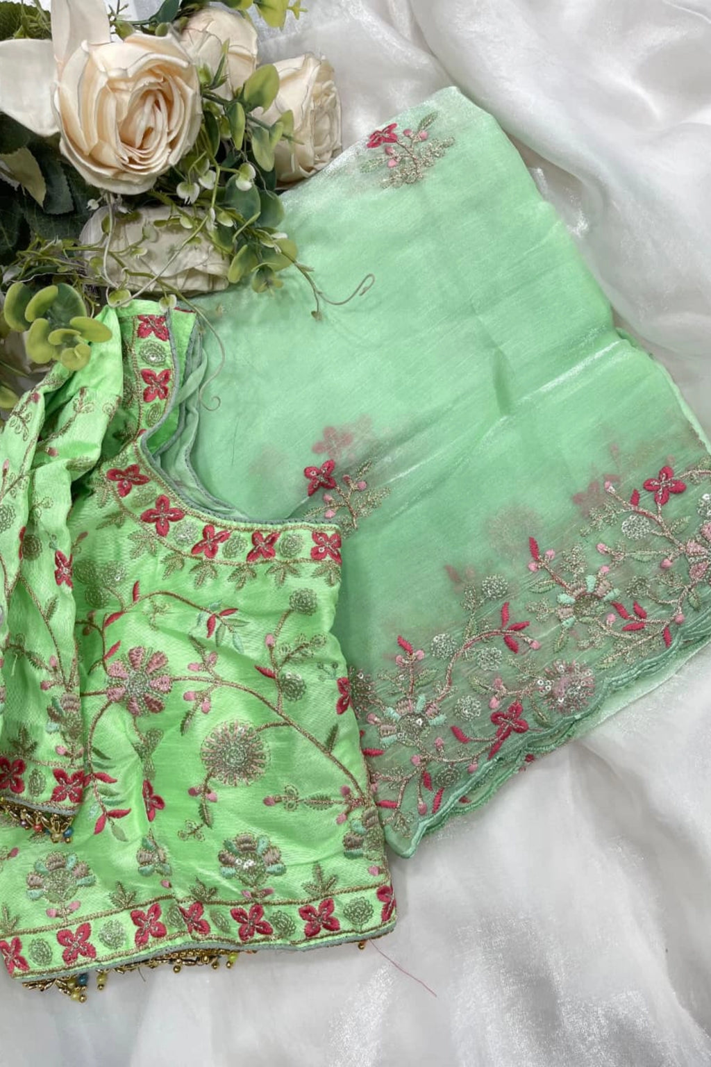 Mint Green Organza Saree with Floral Embroidery