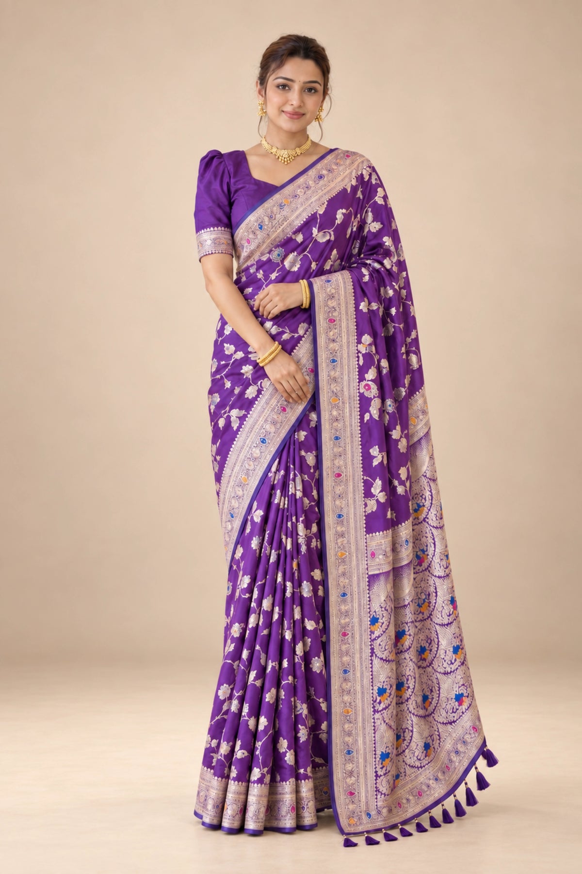 Royal Purple Meenakari Floral Woven Saree