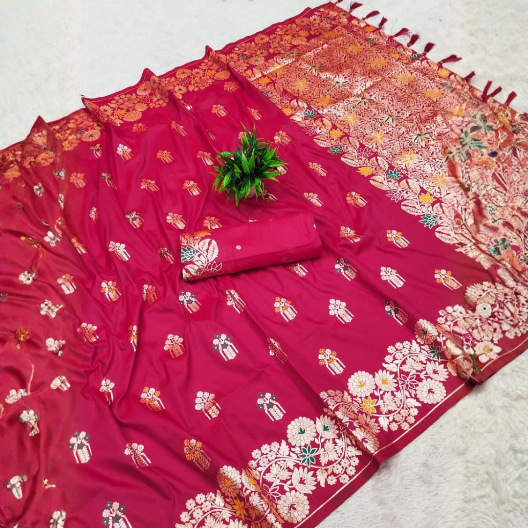 Rani Pink Dola Silk-Style Saree with Floral Zari Pallu
