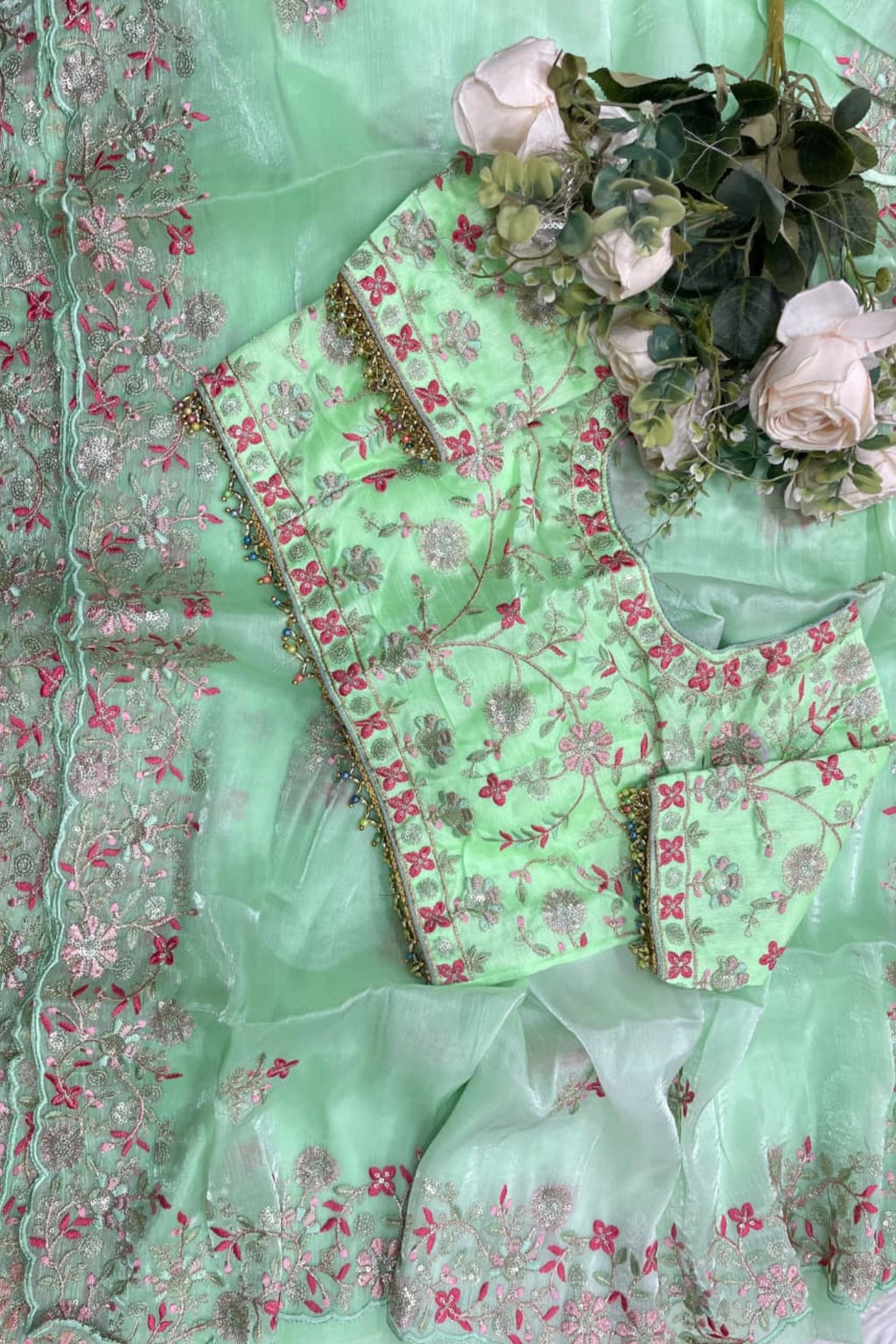 Mint Green Organza Saree with Floral Embroidery
