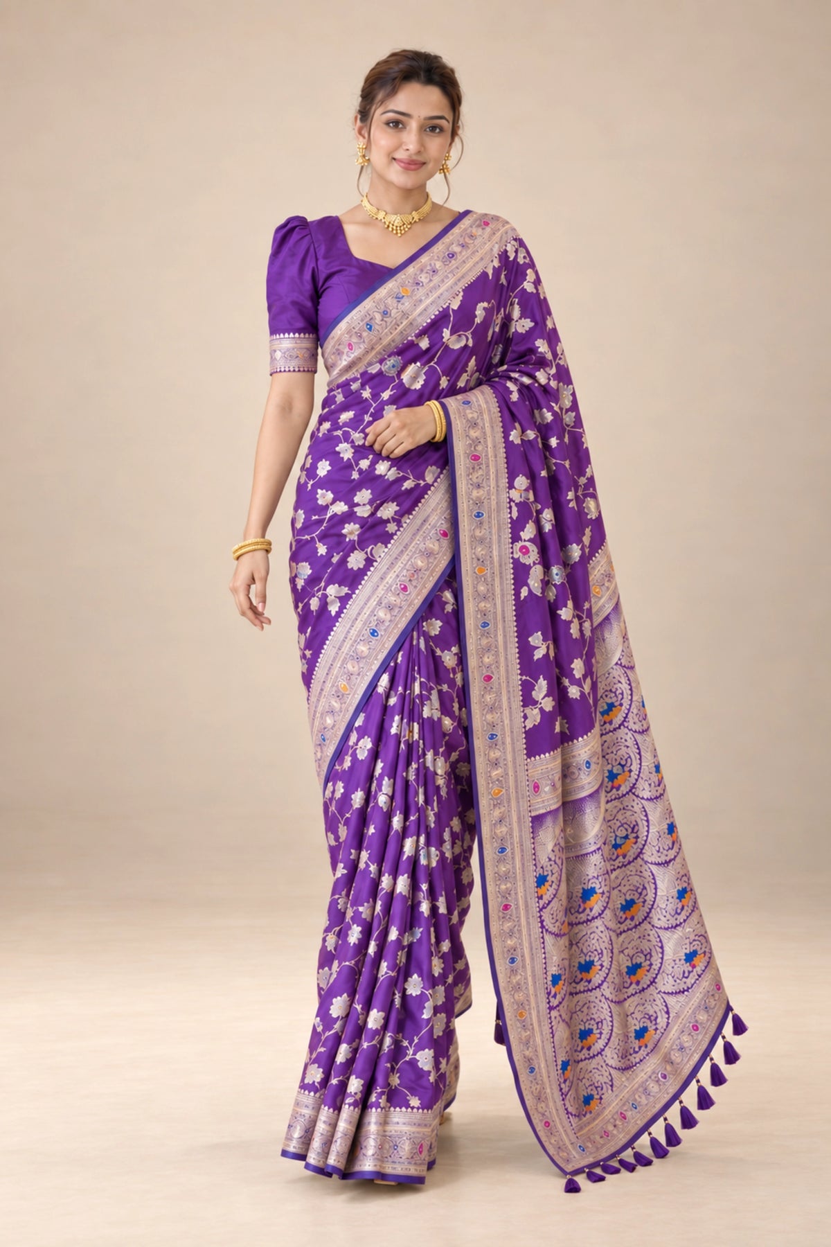 Royal Purple Meenakari Floral Woven Saree