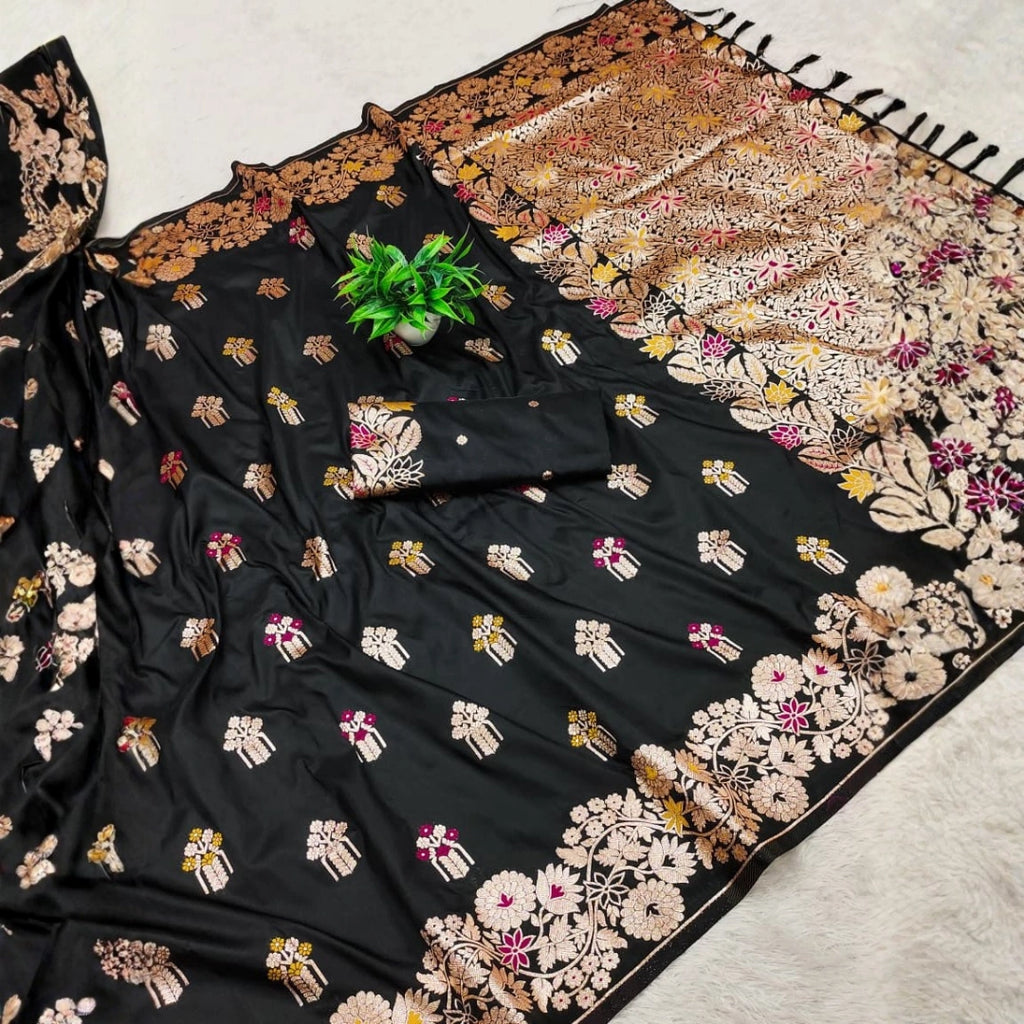 Classic Black Dola Silk-Style Saree with Floral Zari Pallu