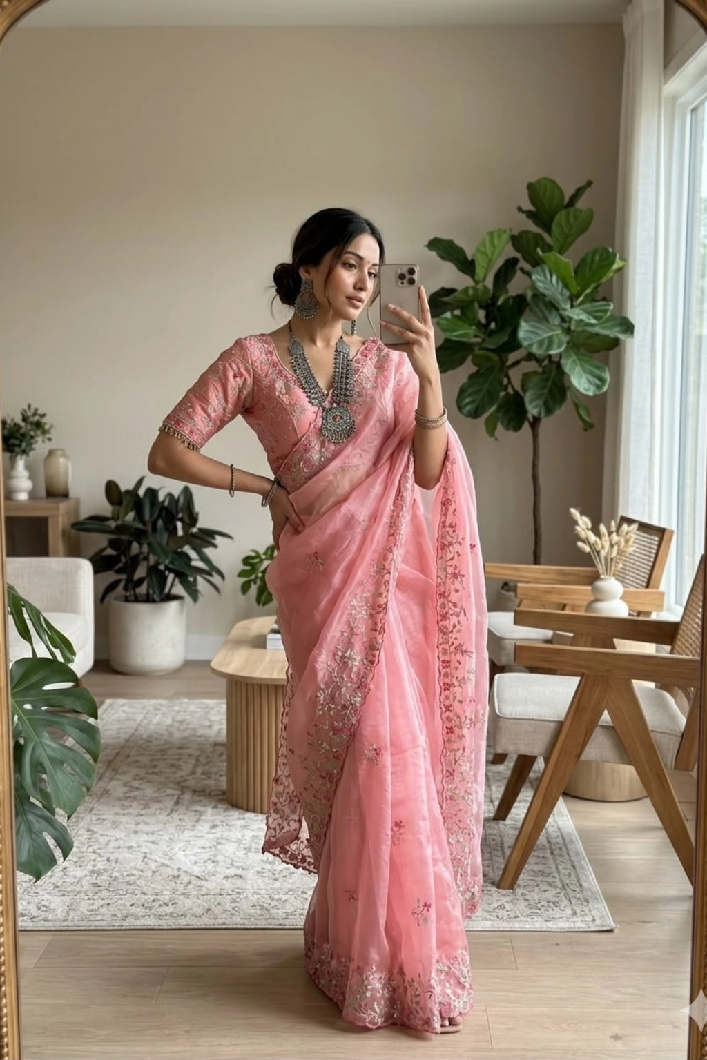 Blush Pink Organza Saree with Floral Embroidery