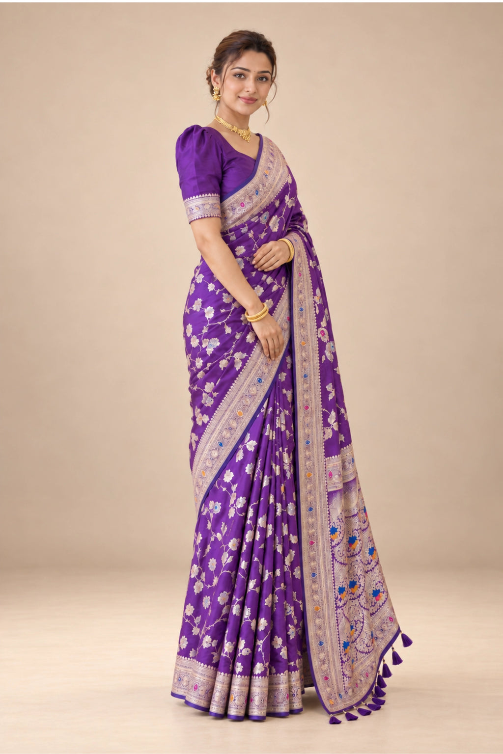 Royal Purple Meenakari Floral Woven Saree