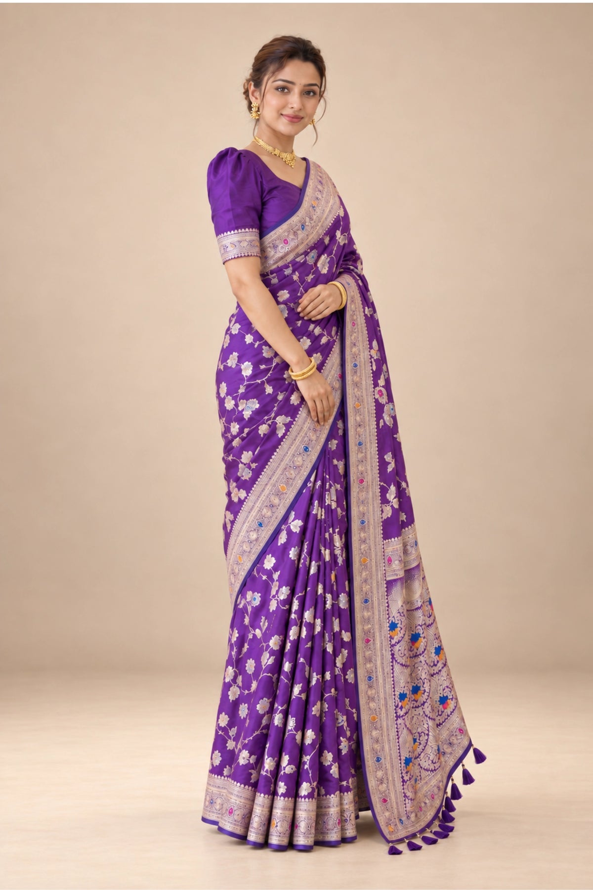 Royal Purple Meenakari Floral Woven Saree
