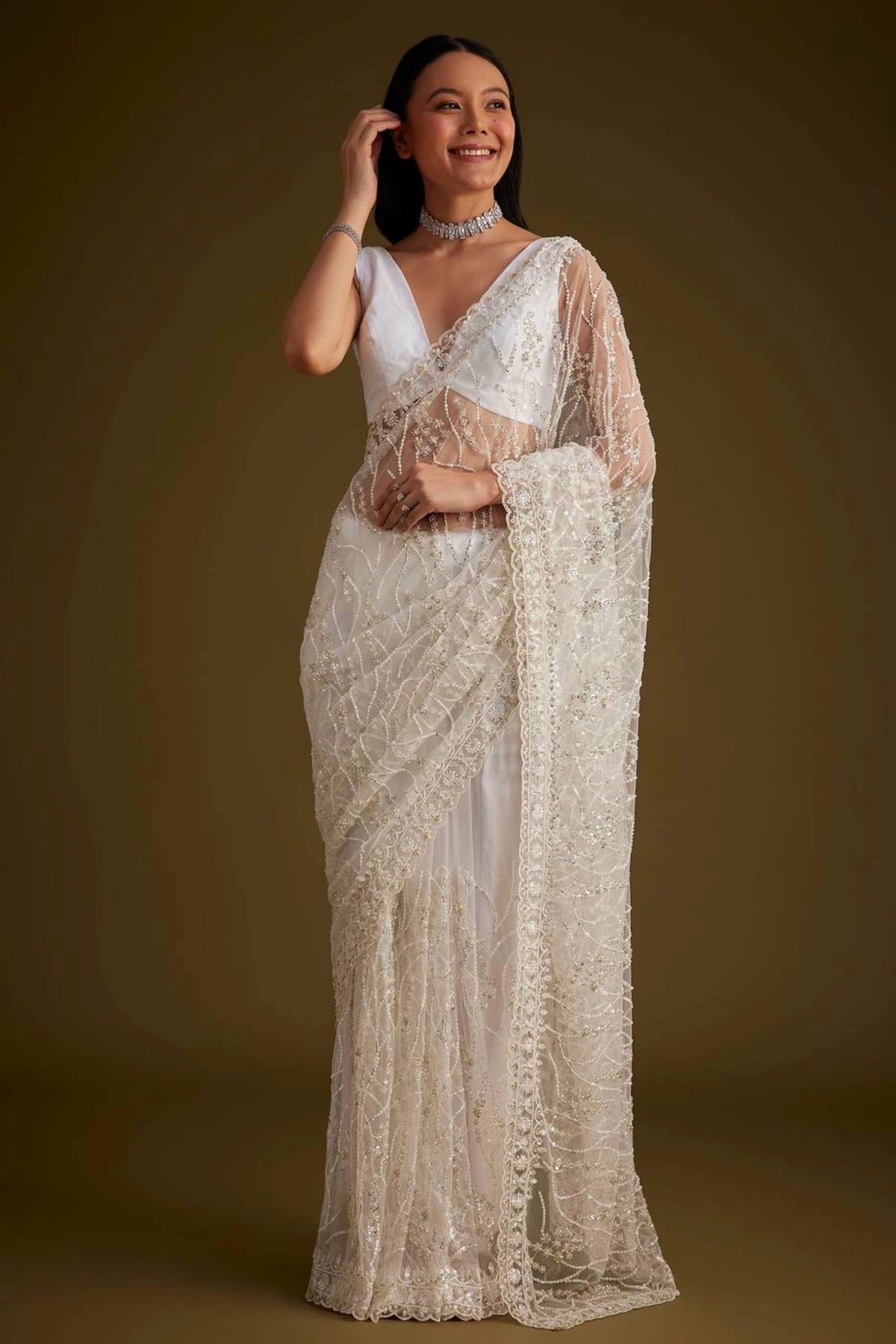 Ivory Bloom Heavy Georgette Saree