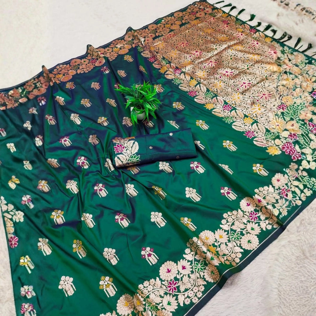 Emerald Green Dola Silk-Style Saree with Floral Zari Pallu