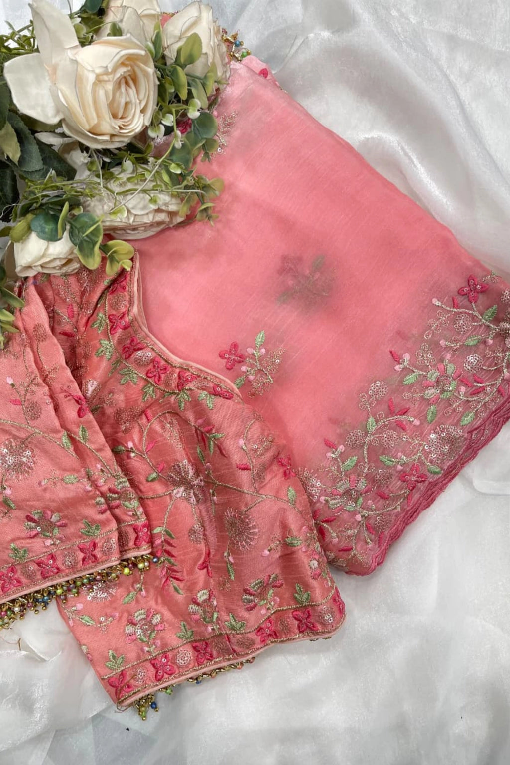 Blush Pink Organza Saree with Floral Embroidery