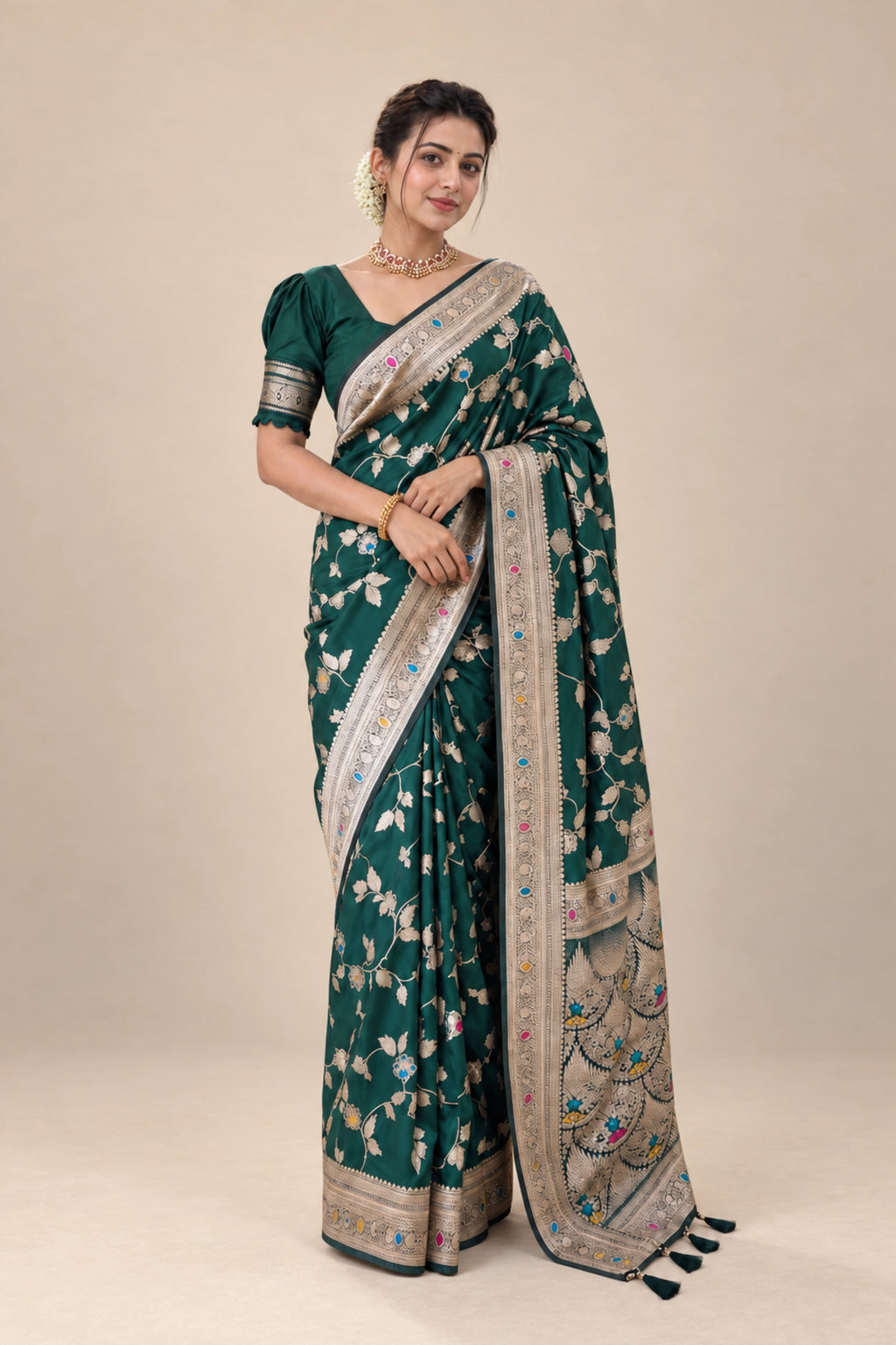 Emerald Green Meenakari Floral Woven Saree