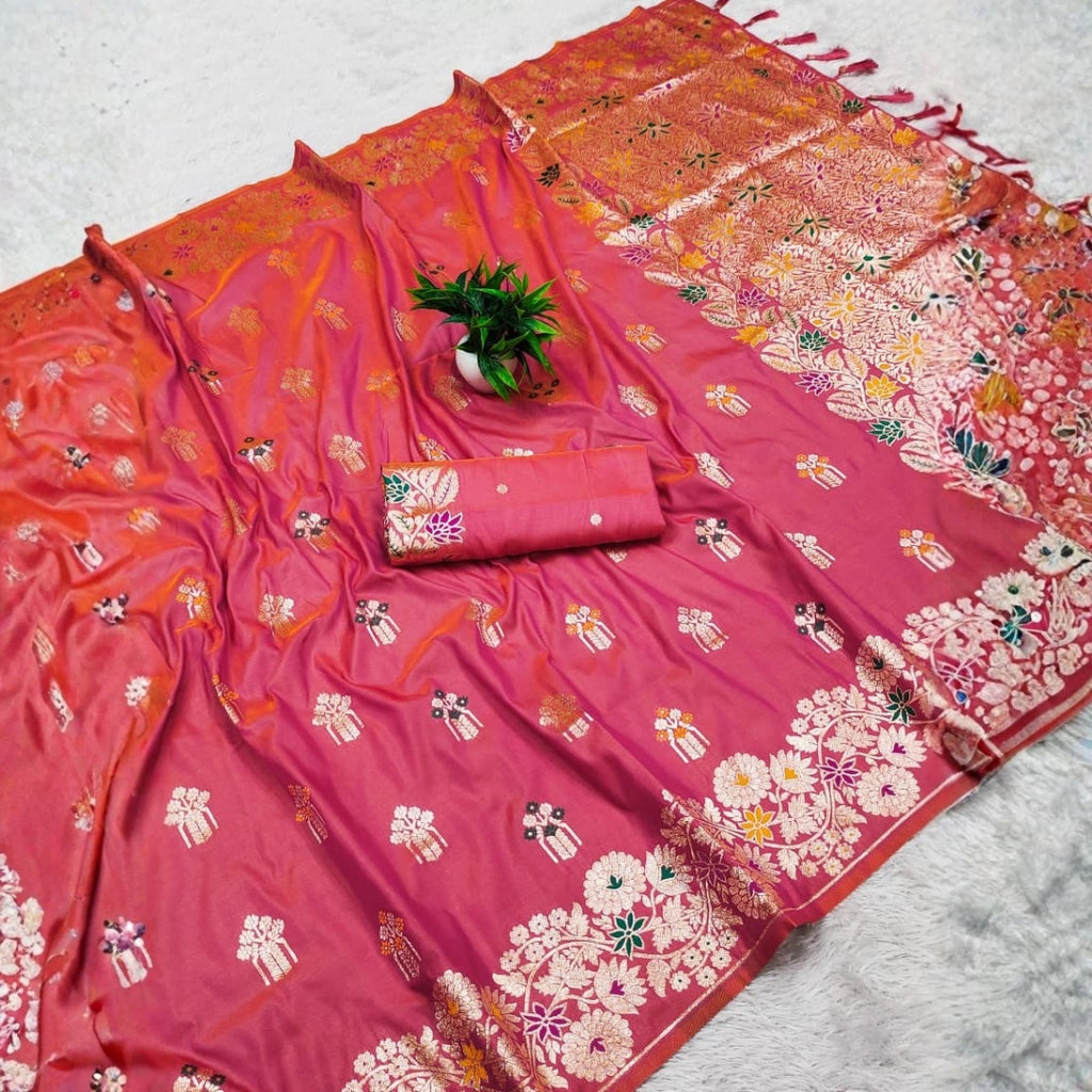 Coral Pink Dola Silk-Style Saree with Floral Zari Pallu
