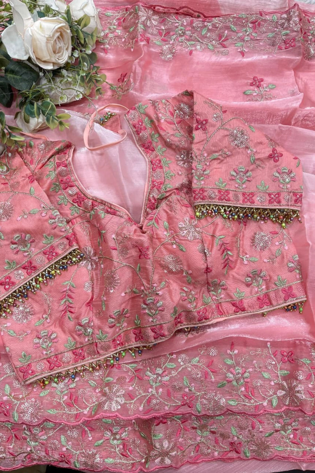 Blush Pink Organza Saree with Floral Embroidery