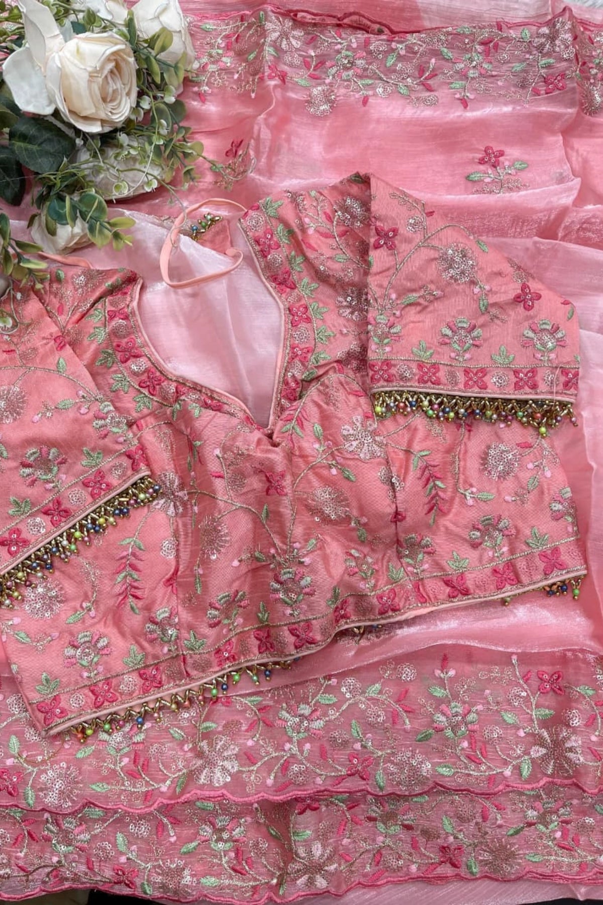 Blush Pink Organza Saree with Floral Embroidery