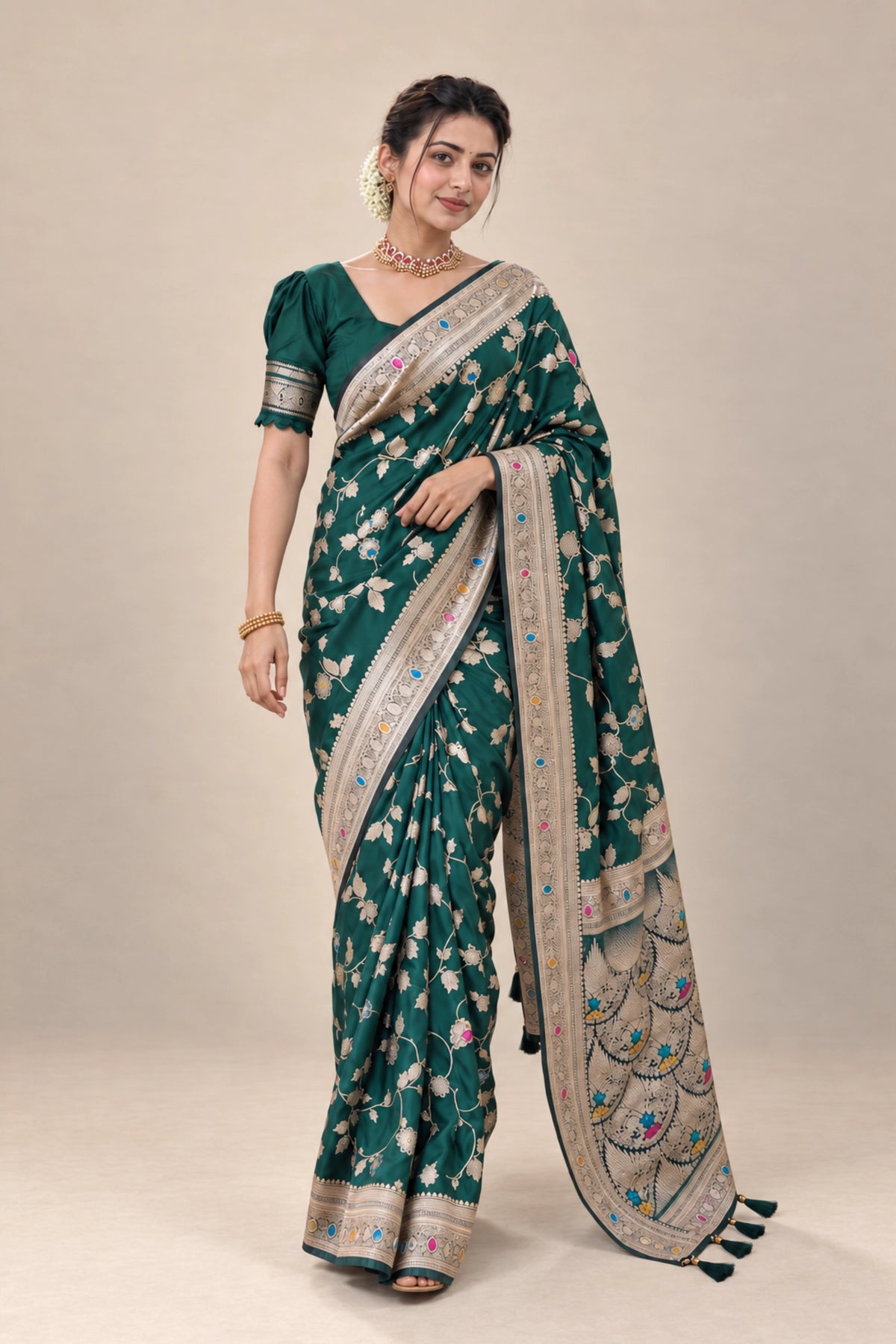 Emerald Green Meenakari Floral Woven Saree