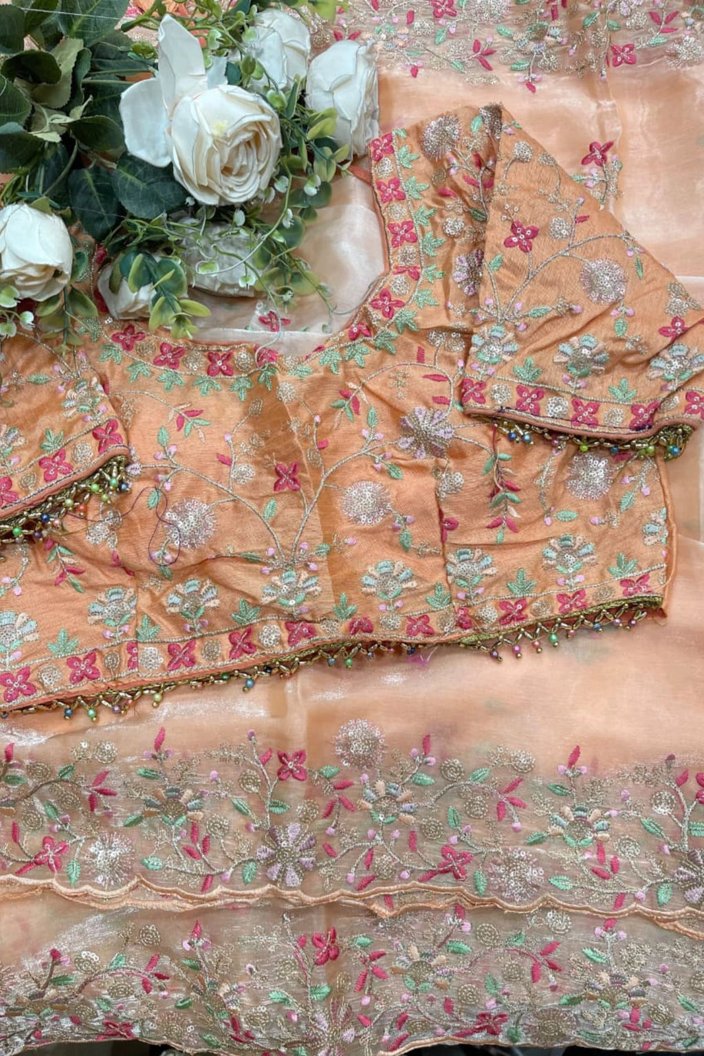 Peach Organza Saree with Floral Embroidery