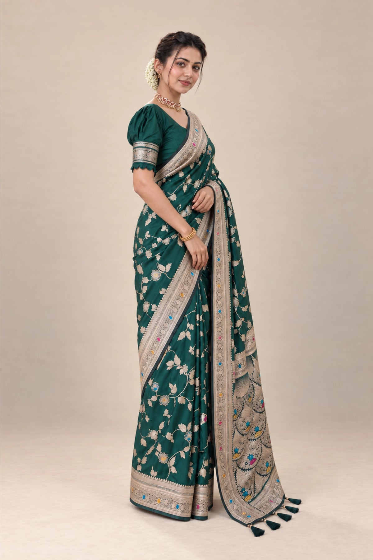 Emerald Green Meenakari Floral Woven Saree