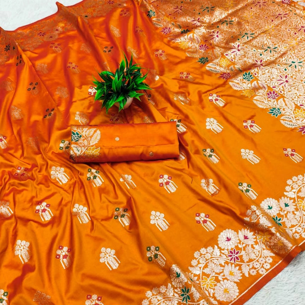 Festive Orange Dola Silk-Style Saree with Floral Zari Pallu