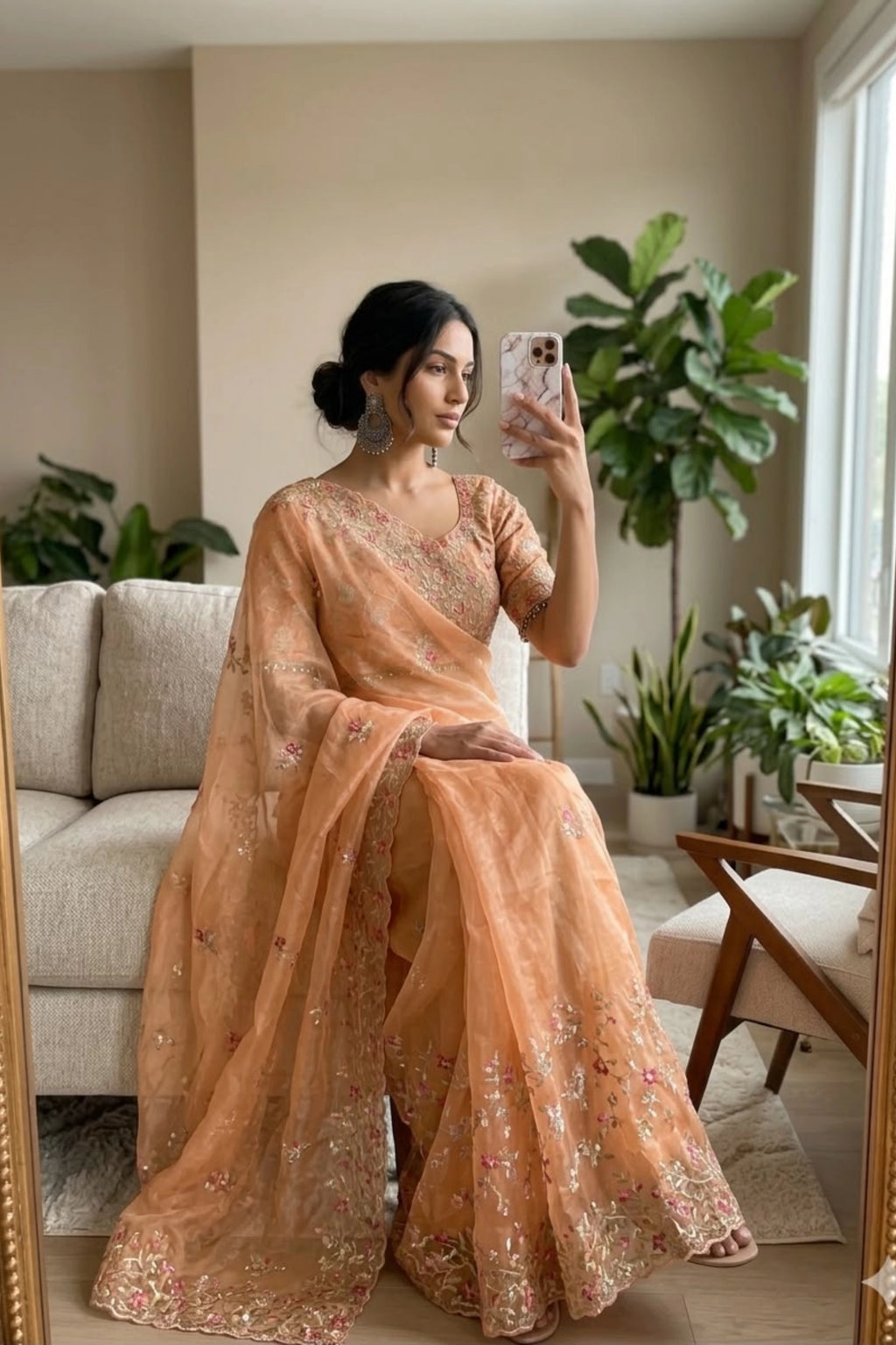 Peach Organza Saree with Floral Embroidery