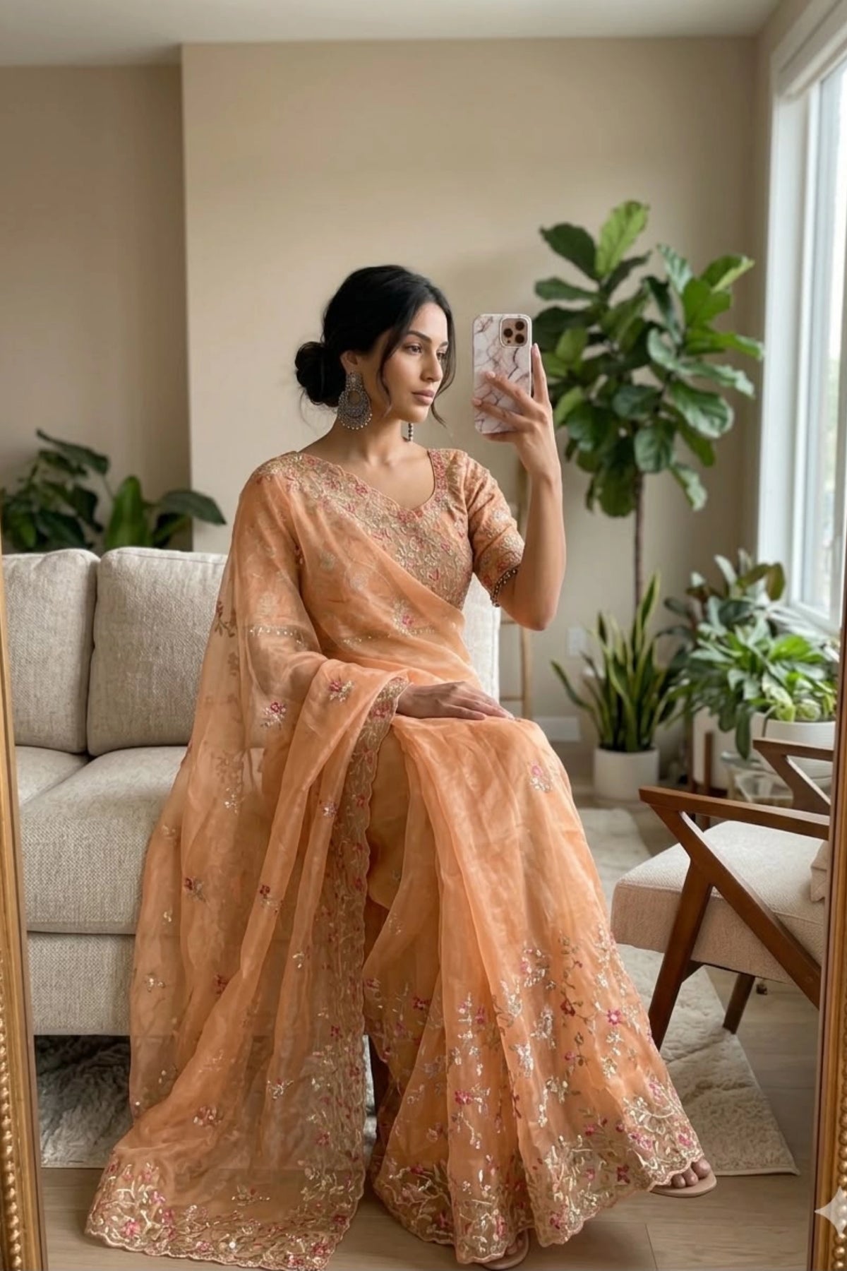 Peach Organza Saree with Floral Embroidery