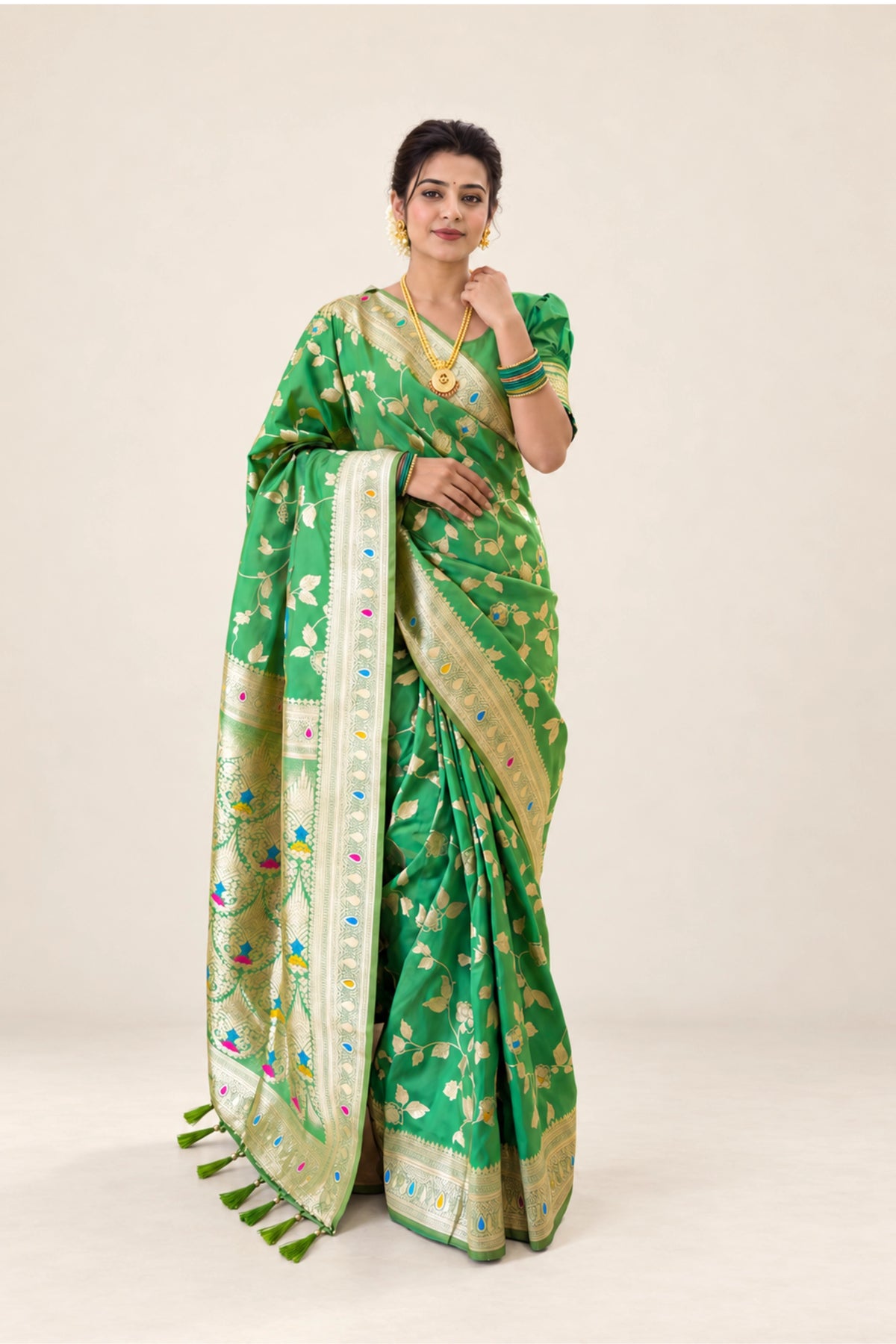 Parrot Green Meenakari Floral Woven Saree