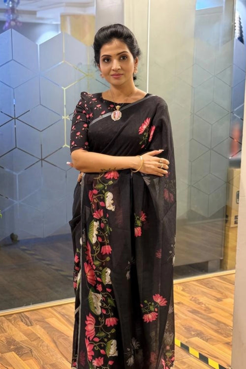 Black Linen Silk Saree with Pink Lotus & Cow Print