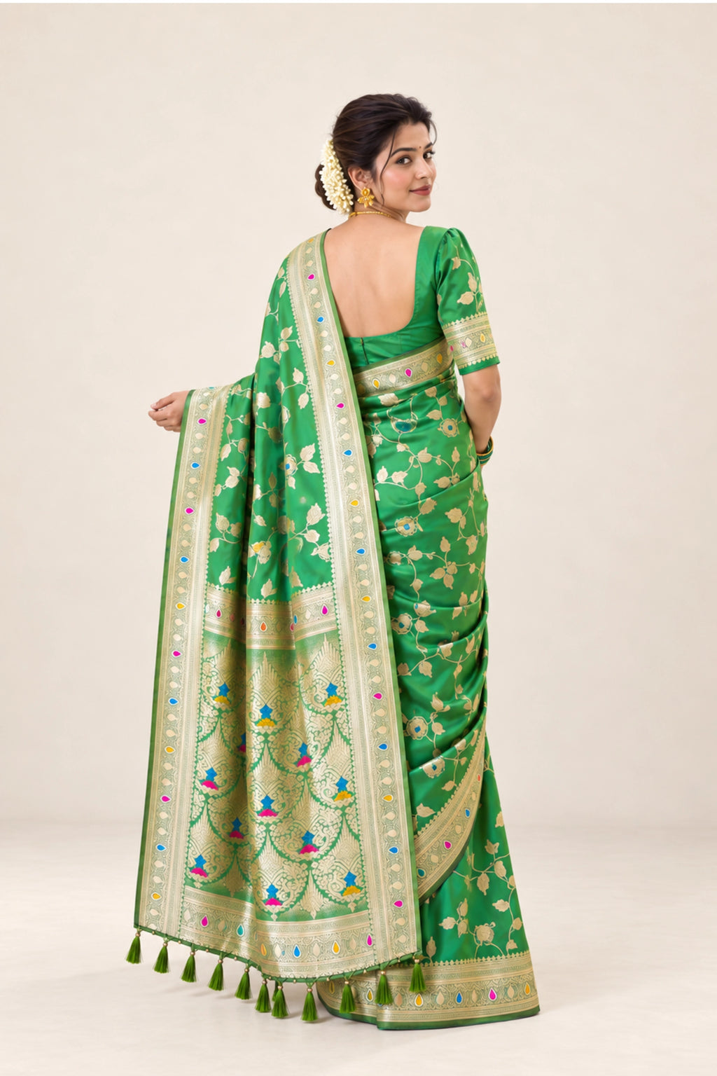 Parrot Green Meenakari Floral Woven Saree