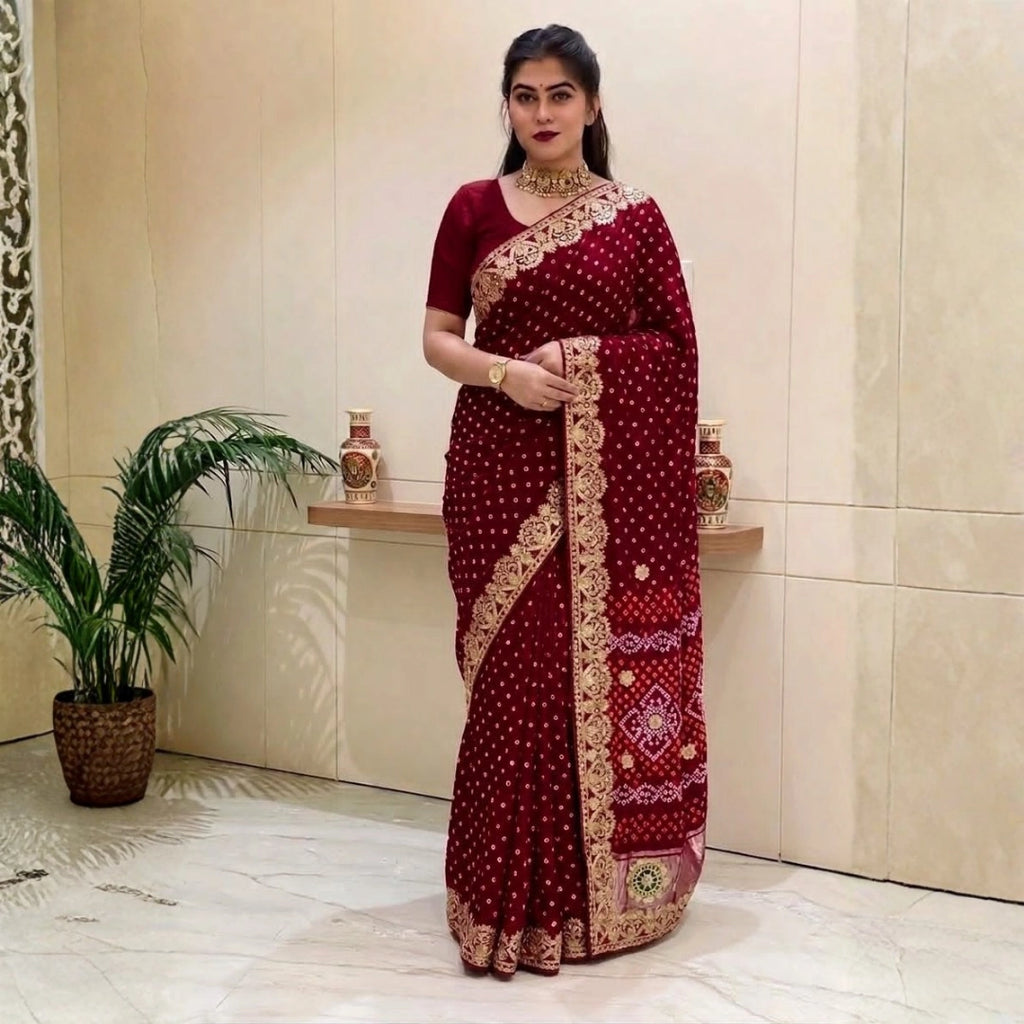 Wine Maroon Dola Silk-Style Saree with Antique Gold Border
