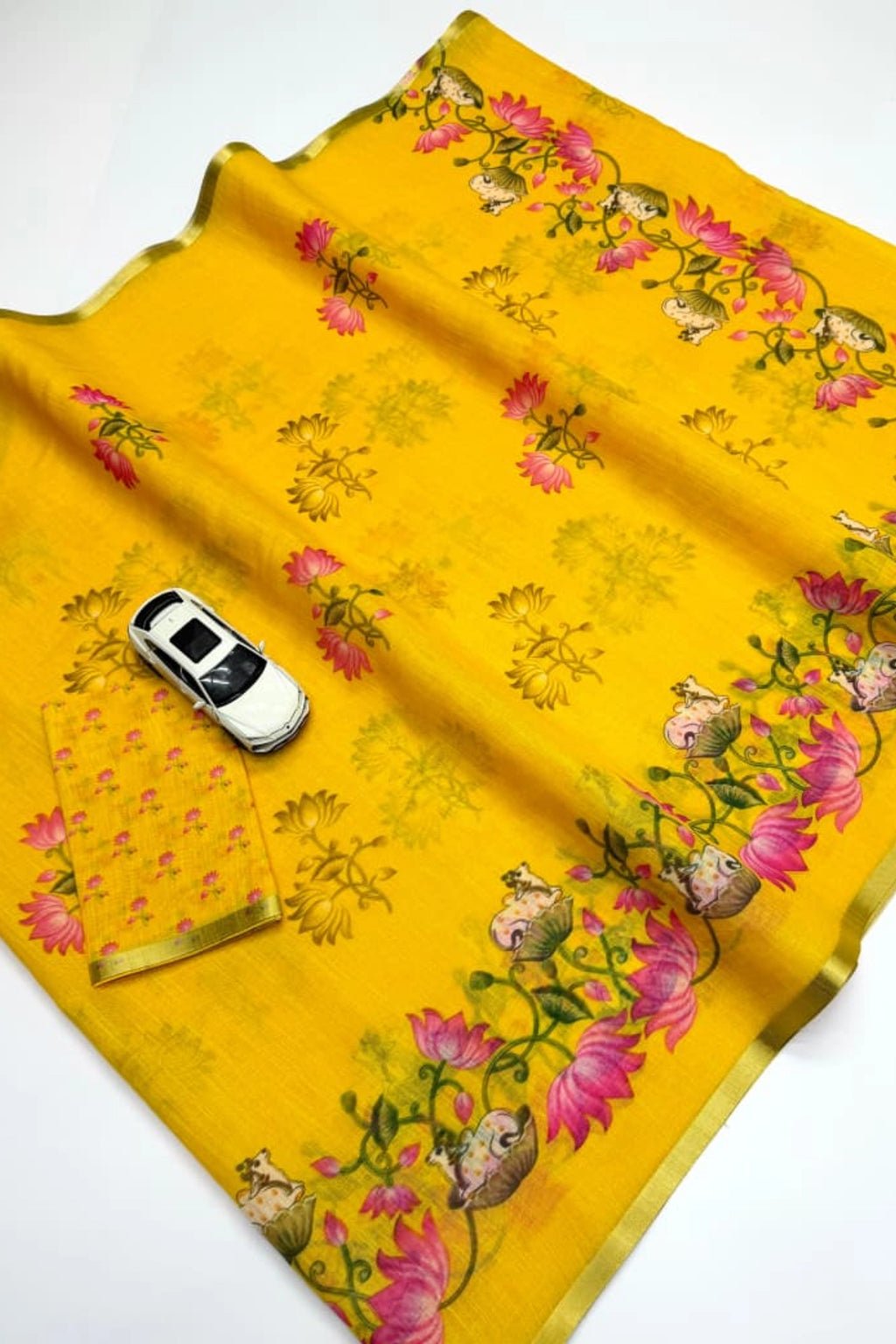 Sunshine Yellow Linen Silk Saree with Pink Lotus Print