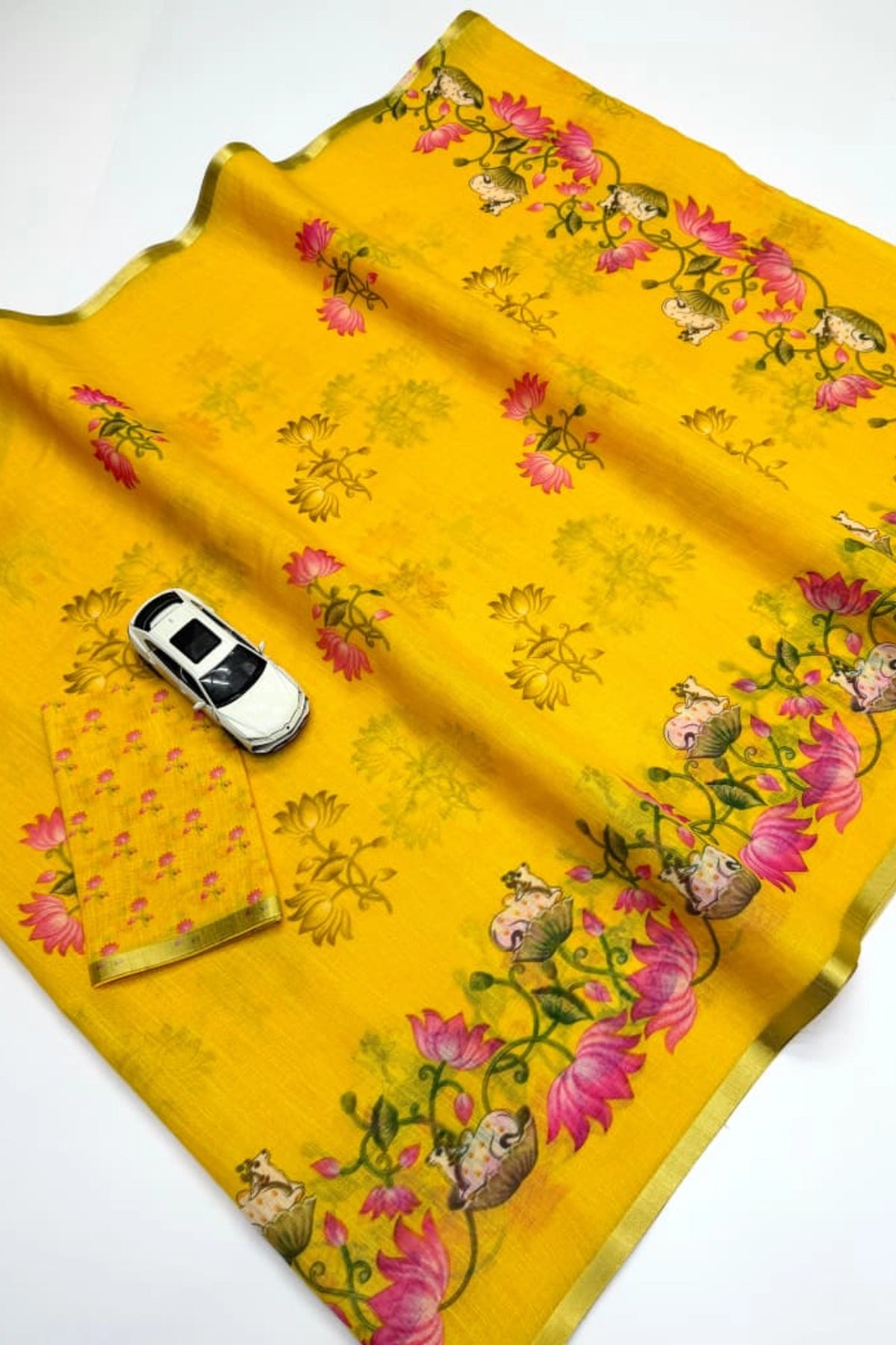 Sunshine Yellow Linen Silk Saree with Pink Lotus Print