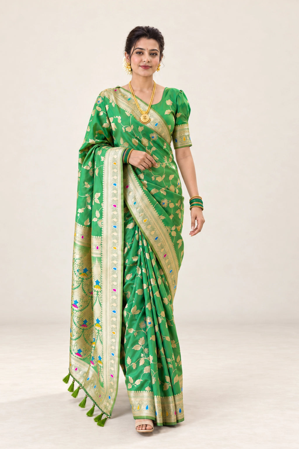 Parrot Green Meenakari Floral Woven Saree