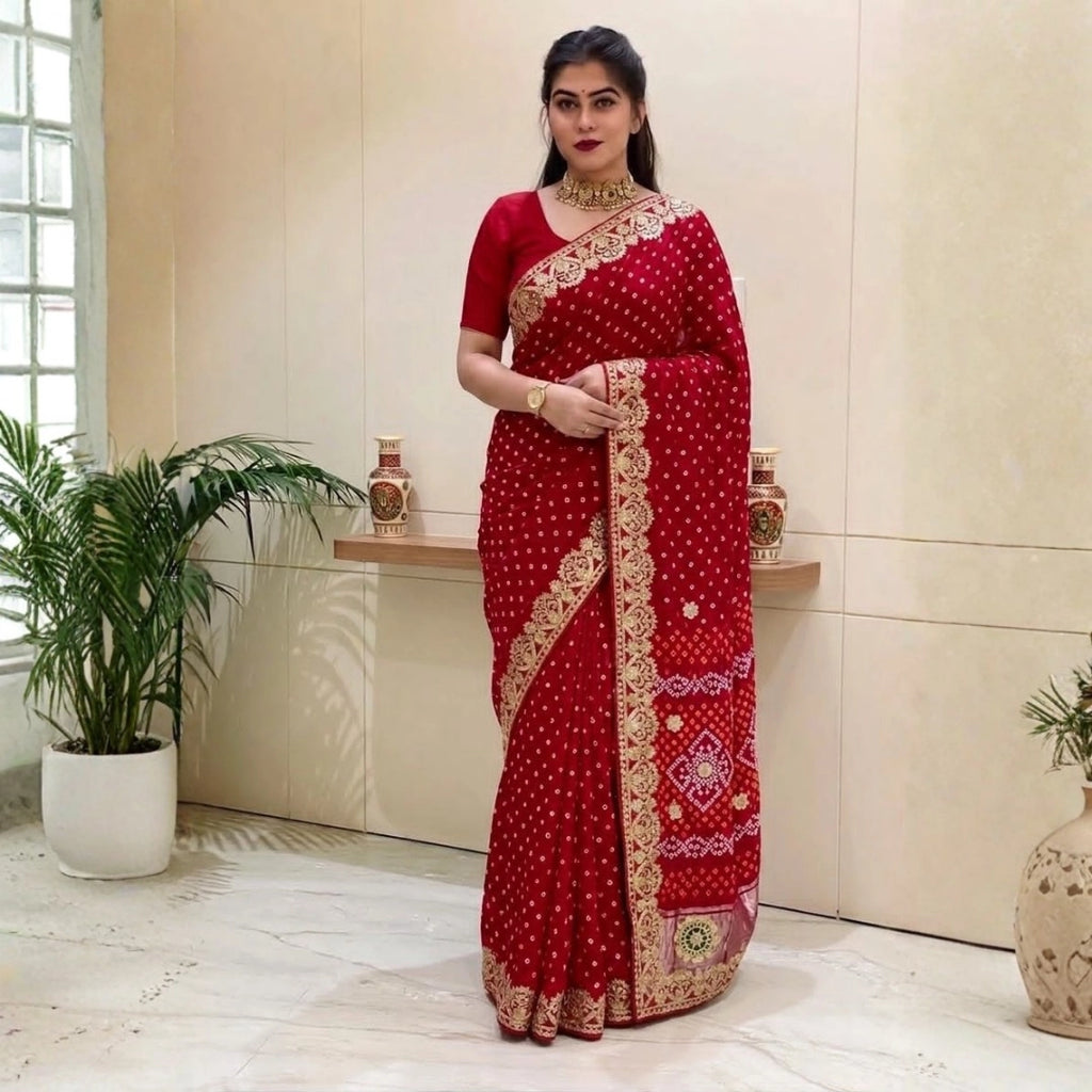 Bridal Red Dola Silk-Style Saree with Antique Gold Border