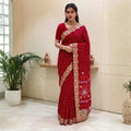 Bridal Red Dola Silk-Style Saree with Antique Gold Border