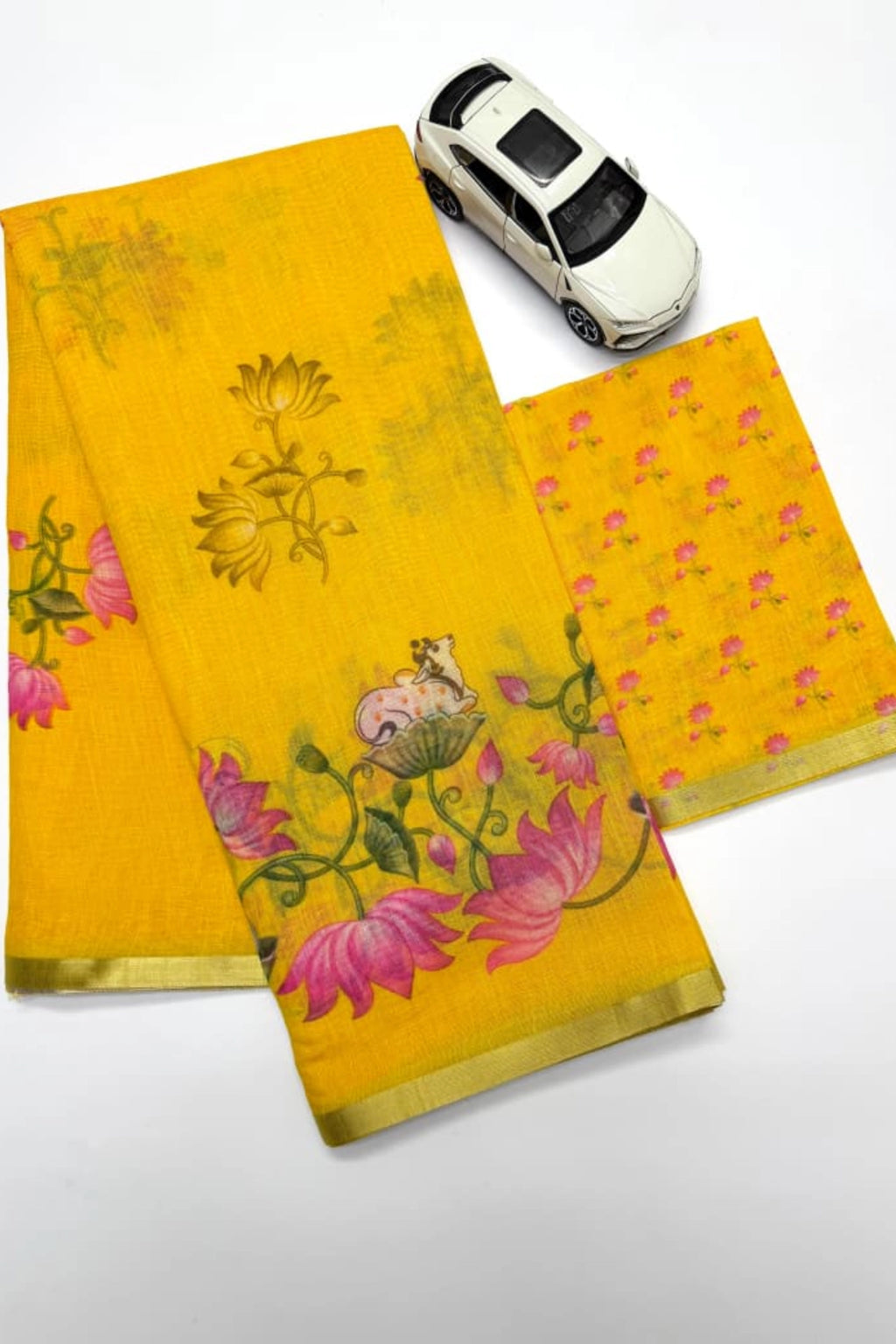 Sunshine Yellow Linen Silk Saree with Pink Lotus Print