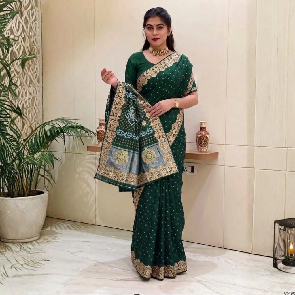 Bottle Green Dola Silk-Style Saree with Antique Gold Border