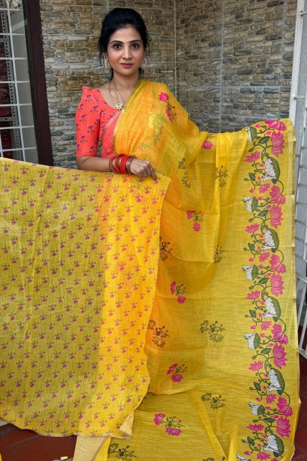 Sunshine Yellow Linen Silk Saree with Pink Lotus Print