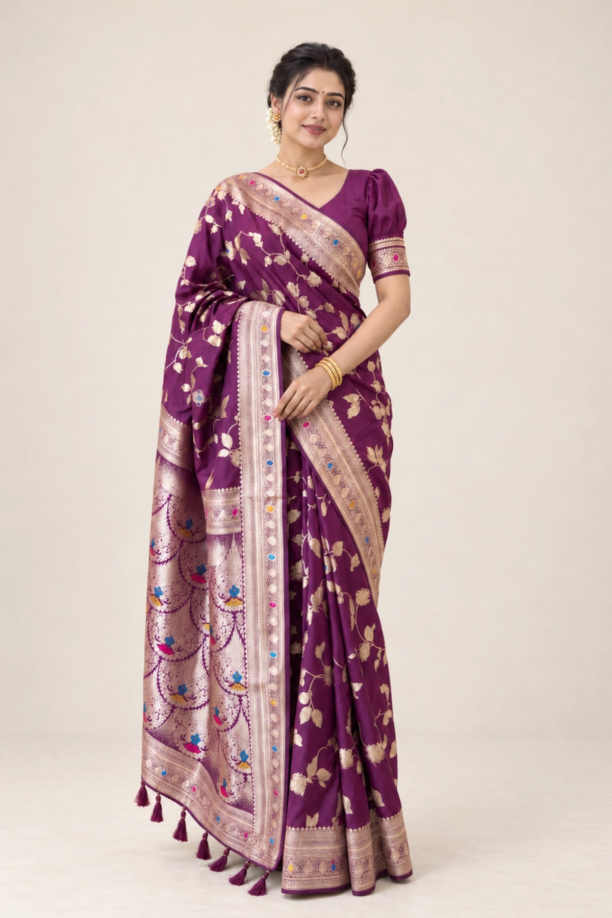 Wine Meenakari Floral Woven Saree