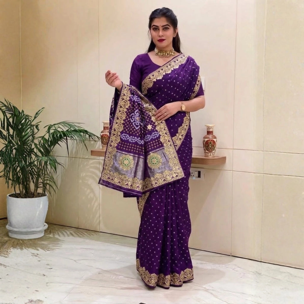 Royal Purple Dola Silk-Style Saree with Antique Gold Border