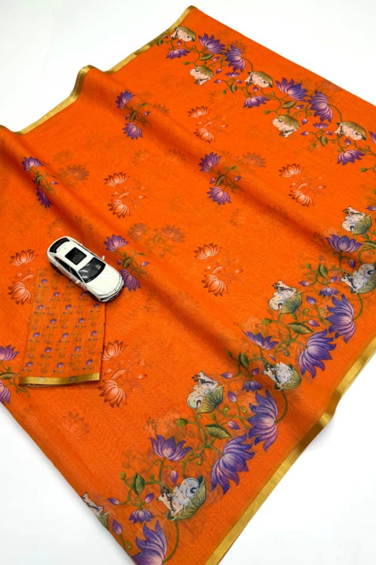 Tangerine Orange Linen Silk Saree with Lotus & Cow Print