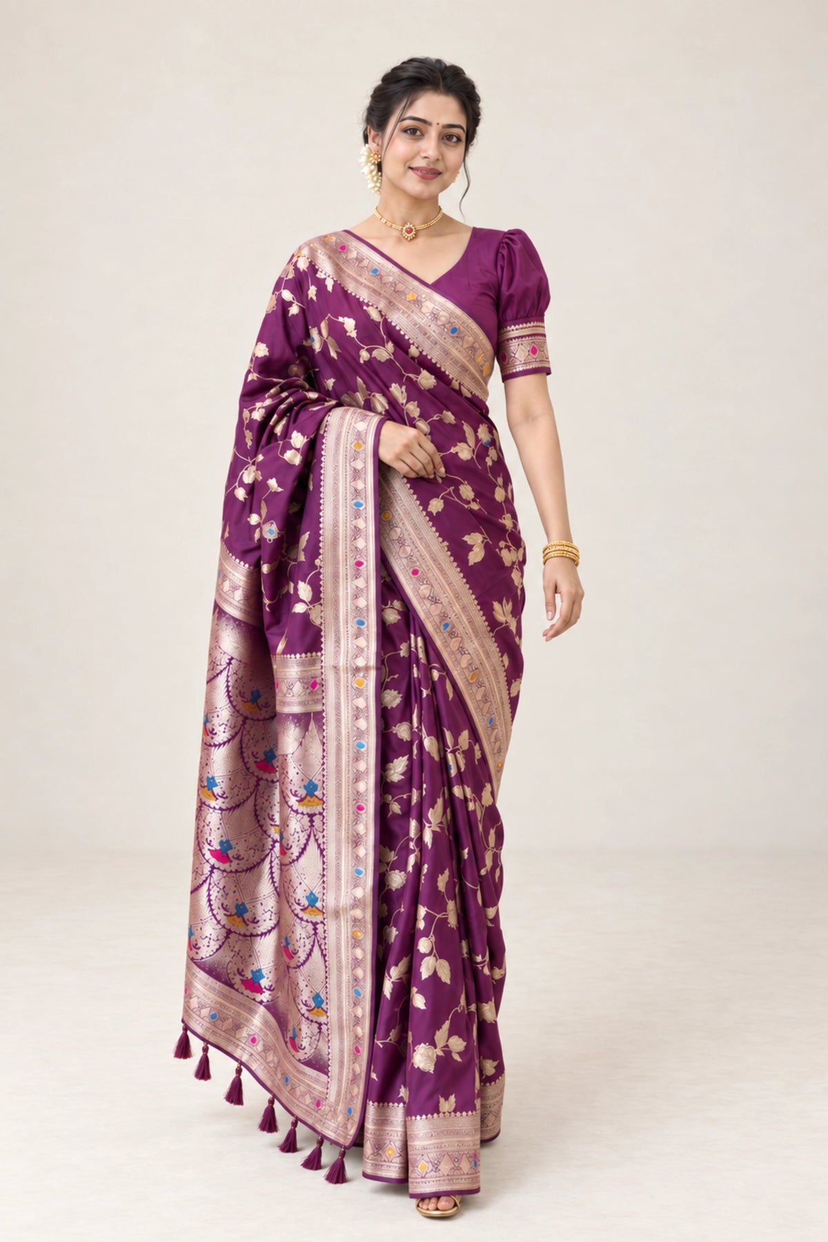 Wine Meenakari Floral Woven Saree