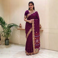 Royal Wine Purple Banarasi-Style Silk Saree with Antique Gold Border